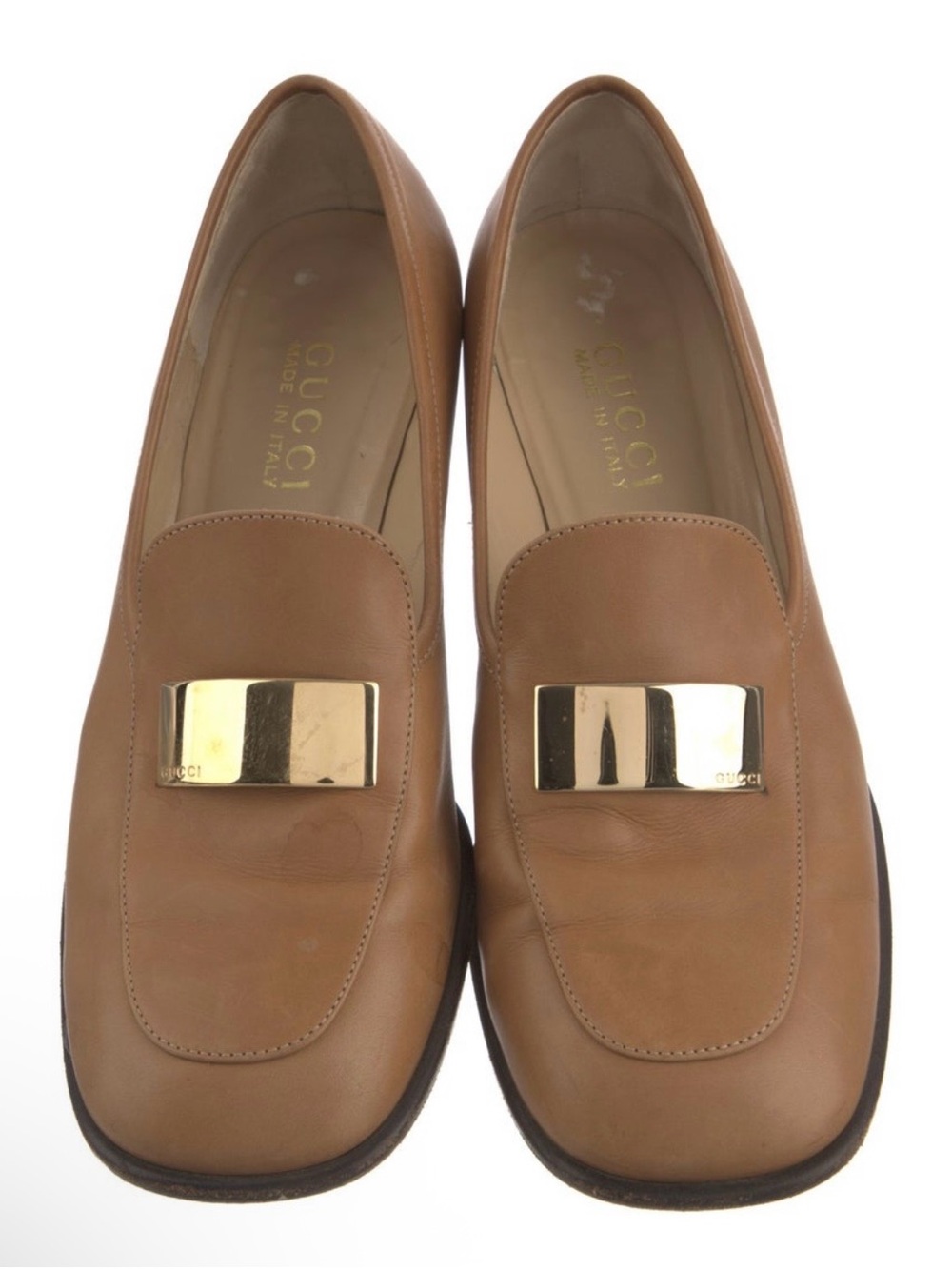 Gucci Tan Leather Loafers with Gold Plaque
